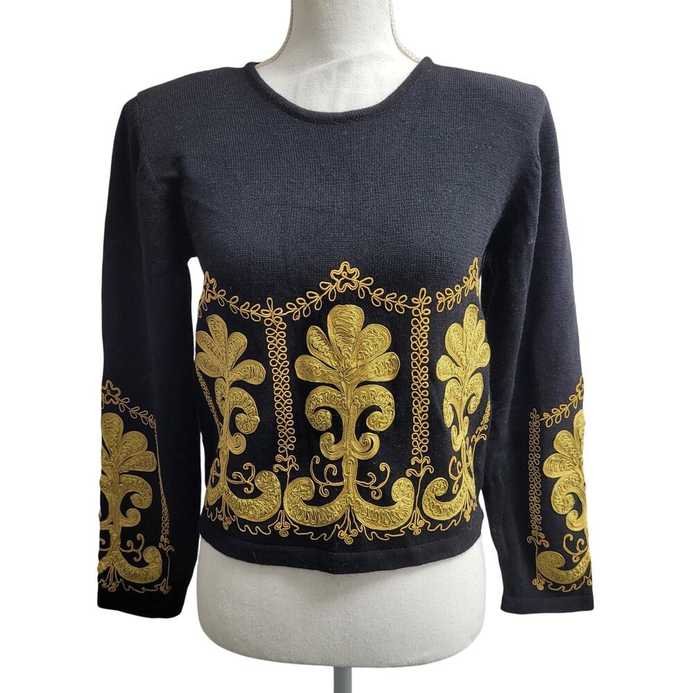 Vintage Susan Bristol 100% wool black gold embellished sweater embroidered art
